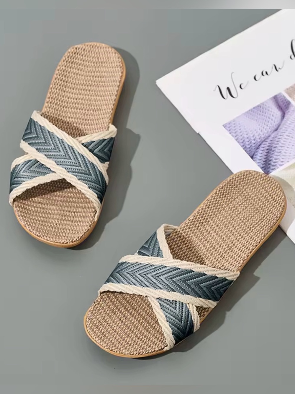 Woven Cross Strap Linen Slippers | Soft Open Toe House Slides | Blue Beige